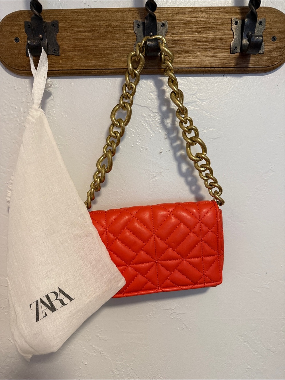 Zara Quilted Orange-Red Mini Bag with Chunky Gold Chain